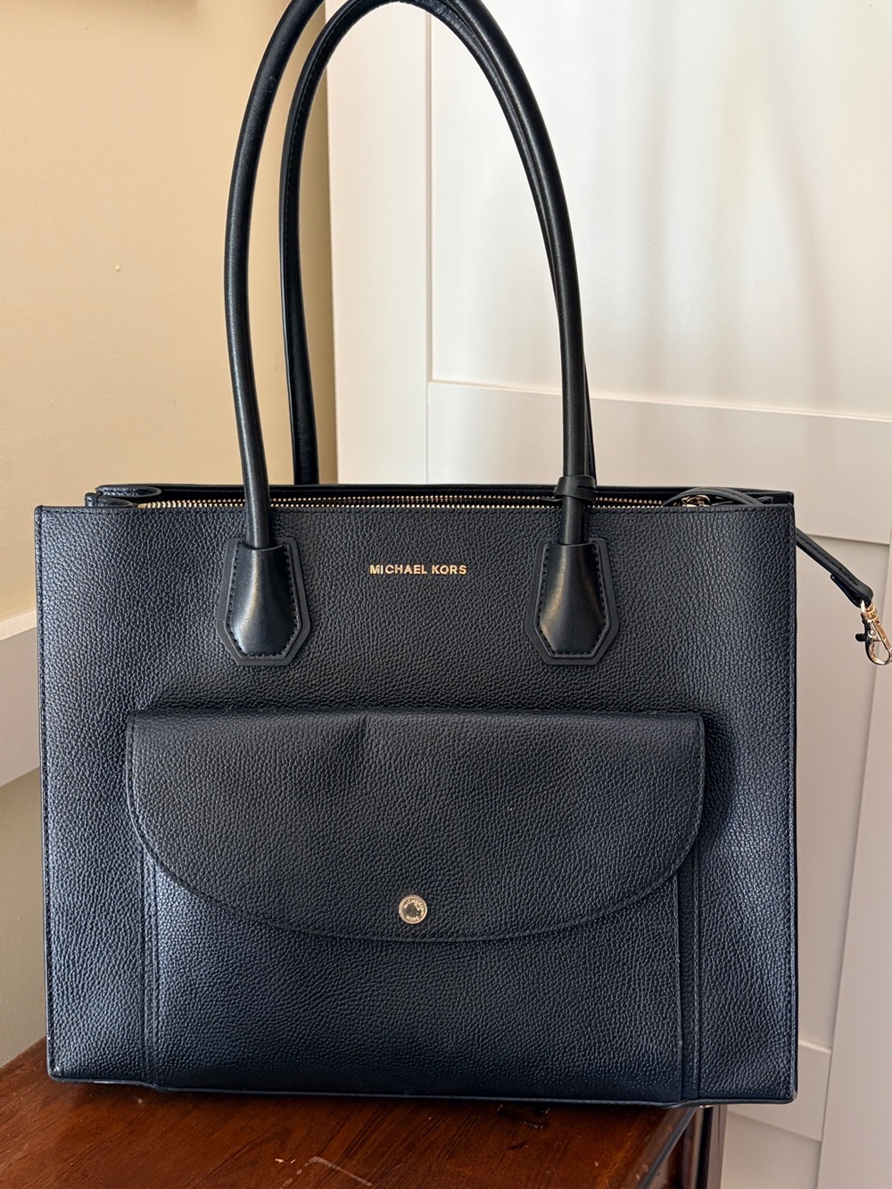 Michael Kors Black Pebbled Tote with Front Flap Pocket